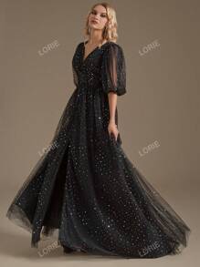Lantern Sleeve Split Thigh Mesh Formal Dress