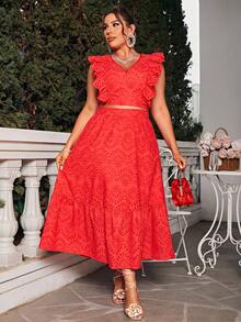 Glamaker Plus Ruffle Trim Crop Top & Skirt - Red - View 3