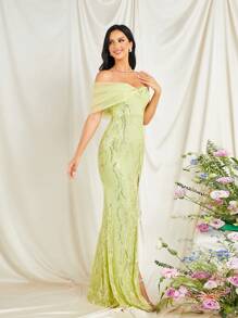 Missord One Shoulder Split Thigh Sequin Party Dress - Mint Green - View 6