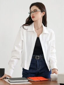 DAZY Camisa unicolor con botón delantero con parche de bolsillo - Blanco - Ver 6