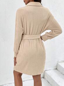 SHEIN Essnce Drop Shoulder Belted Shirt Dress - Apricot - View 2