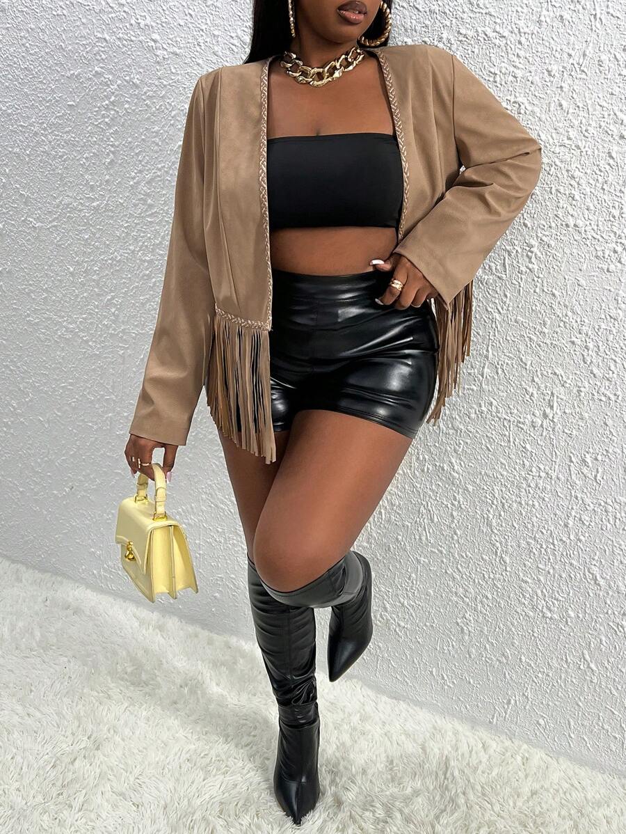 Slaydiva 休閒流蘇純色大碼夾克 - 卡其色 - 查看 1