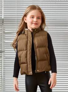 SHEIN Áo khoác đệm có khóa kéo phía trước cho bé gái - Cà phê nâu - Xem 4