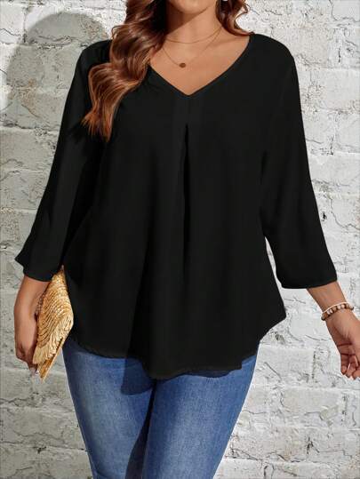 EMERY ROSE 大碼素色V領襯衫