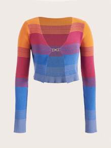 Muchica 條紋圖案撞色前紐扣短款開衫 - 彩色 - 查看 1