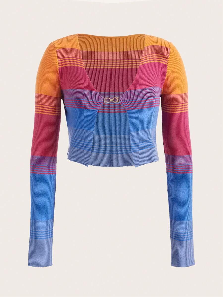 Muchica 條紋圖案撞色前紐扣短款開衫 - 彩色 - 查看 1