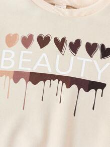 SHEIN Young Girl Heart Print Drop Shoulder Sweatshirt - Khaki - View 4