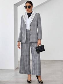 SHEIN Privé Plaid Print Lapel Neck Blazer & Wide Leg Pants - Multicolor - View 3