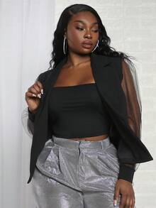 Slaydiva Plus Contrast Mesh Lantern Sleeve Blazer - Black - View 5