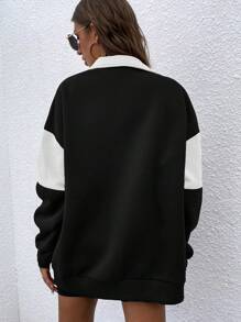 EURMUSE Letter Graphic Two Tone Drop Shoulder Zip Up Sweatshirt - White - View 2