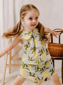 Baby Girl 1pc Lemon Print Peter Pan Collar Top & 1pc Shorts