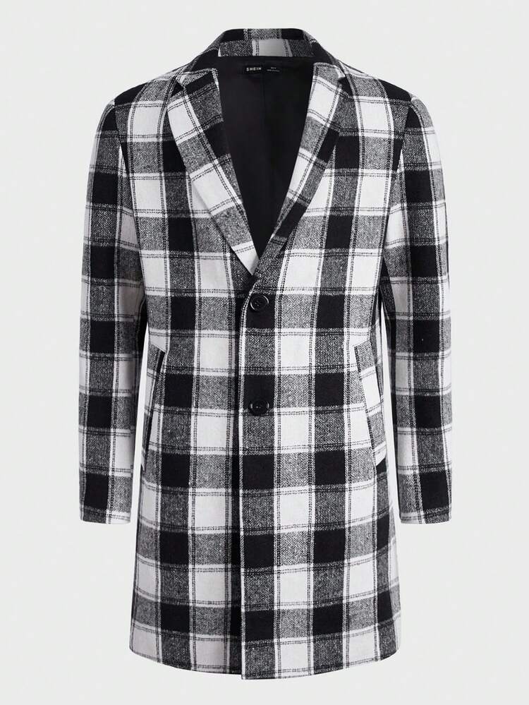 Men Plaid Print Lapel Collar Overcoat, For Fall Winter