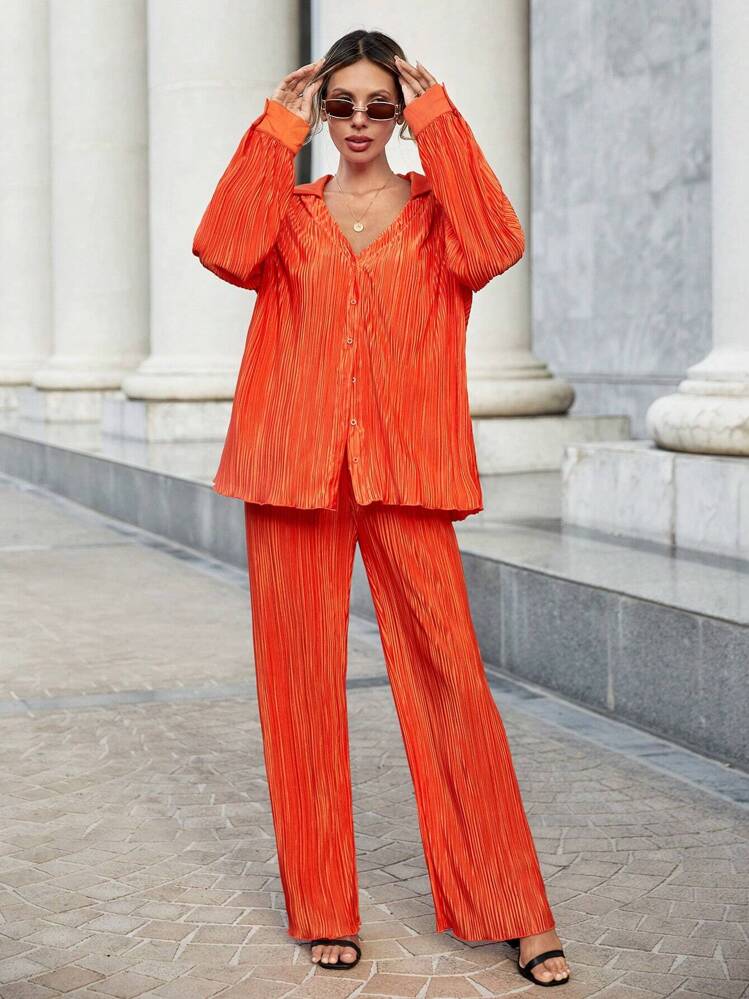 SHEIN Essnce Solid Button Front Shirt & Wide Leg Pants - Orange - View 3