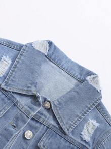 Tween Girl Ripped Raw Hem Denim Jacket & Skirt Without Tee - Light Wash - View 5