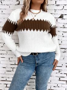 撞色罗纹针织毛衣，适合冬季或秋季穿着的套头针织衫 - 杏色 - 查看 3