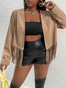 Slaydiva 休閒流蘇純色大碼夾克 - 卡其色 - 查看 2