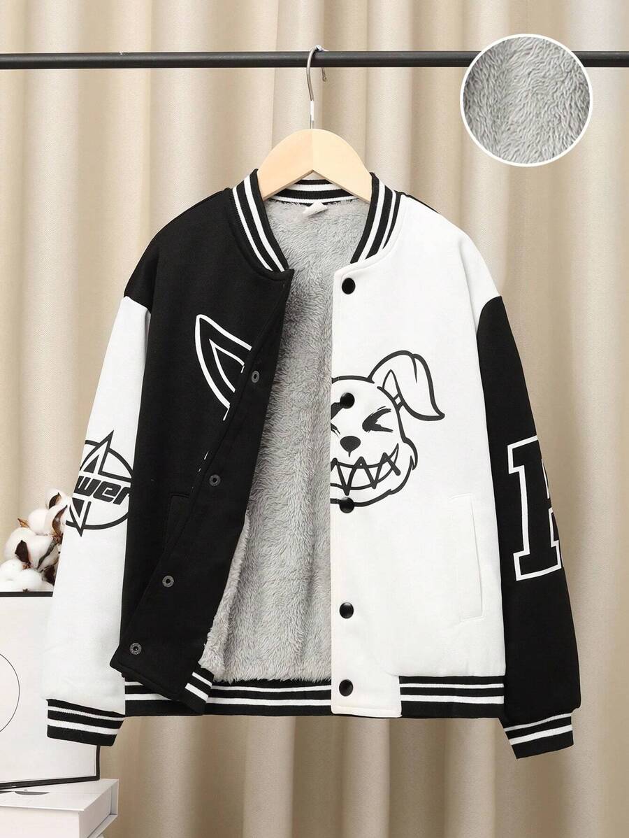 SHEIN 男大童字母和卡通圖案雙色加絨內裏學院風夾克 - 黑與白 - 查看 1
