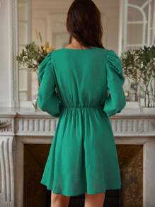 SHEIN Frenchy Surplice Neck Gigot Sleeve Dress Without Belt Winter Elegant Evening Dress Christmas Green - Green - View 2