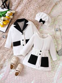 Baby Girl Contrast Lapel Neck Coat & Skirt & Solid Tee & Hat - Black and White - View 1