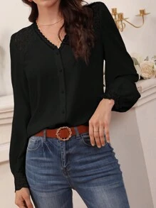 SHEIN Frenchy 花边蕾丝嵌件灯笼袖衬衫、长袖上衣 - 黑色 - 查看 5