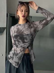 DAZY 扎染开叉下摆网眼上衣（不含吊带背心）外出上衣长袖女式上衣 - 灰色 - 查看 4