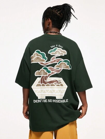 INFLATION 男士標語圖案落肩T恤