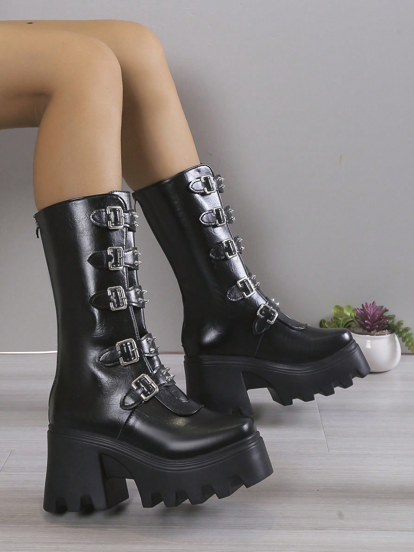 Our Women Buckle Decor Zip Back Platform Boots, Punk Outdoor