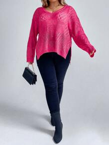 SHEIN LUNE Plus Pointelle Knit Drop Shoulder Split Hem Sweater Without Bra Knit Pullover Fall Winter Sweater - Hot Pink - View 7