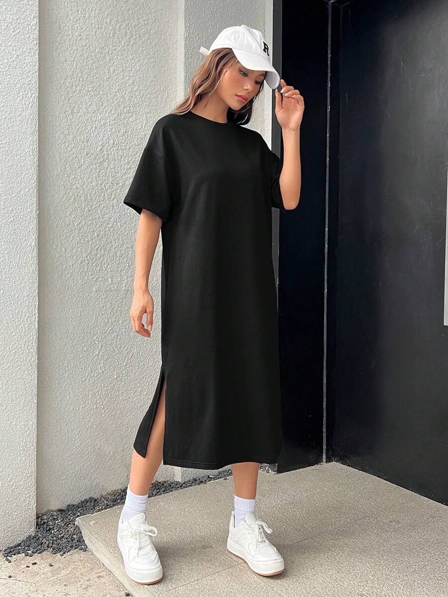 SHEIN EZwear 素色下擺開叉落肩T恤連衣裙 - 黑色 - 查看 1