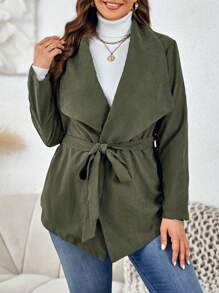 SHEIN LUNE Plus Waterfall Collar Belted Coat - Army Green - View 5