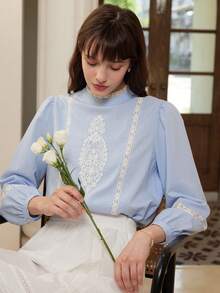 Simple Retro Guipure Lace Insert Mock Neck Lantern Sleeve Blouse - Baby Blue - View 8