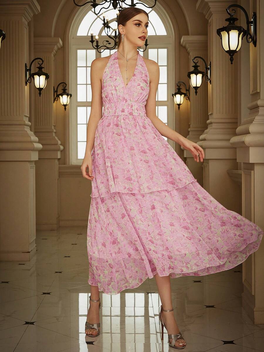 Eilly Bazar In hoa Không lưng Halter Neck Chiffon Váy phù dâu - Hồng - Xem 1