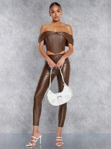 SHEIN BAE Off Shoulder PU Leather Crop Top - Mocha Brown - View 6