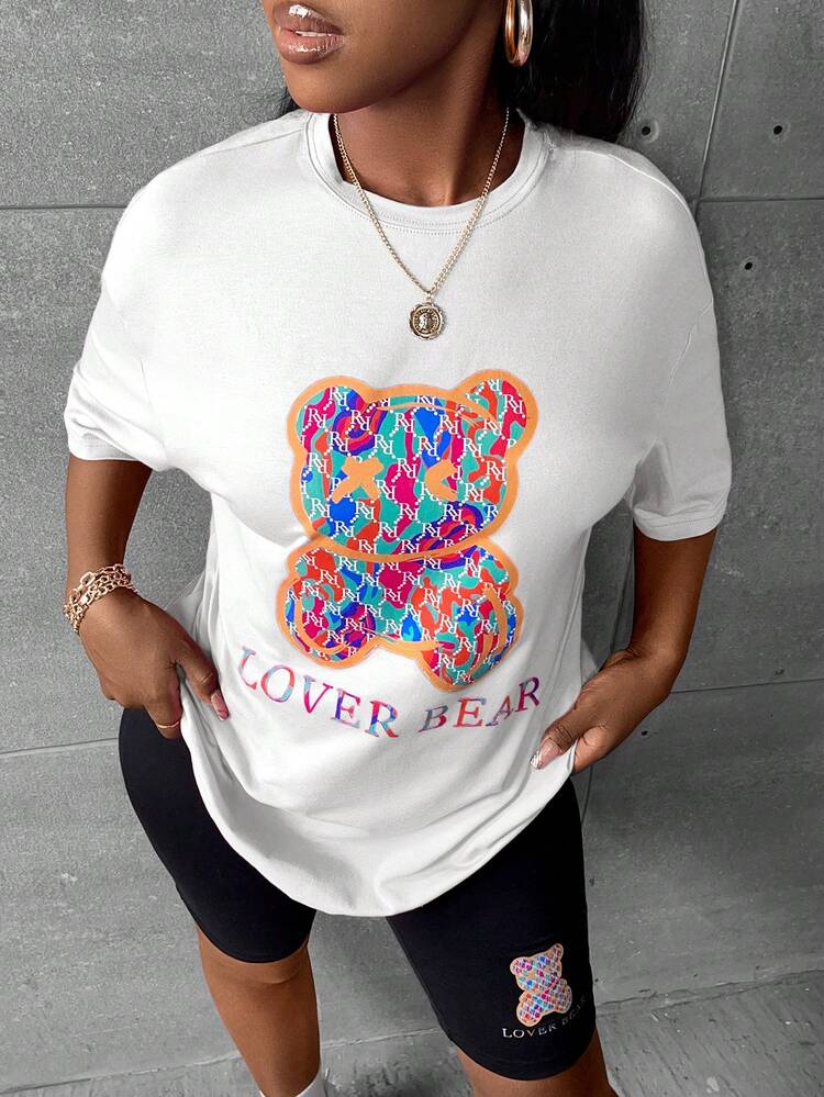 Bear & Letter Graphic Drop Shoulder Tee & Biker Shorts