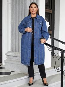 SHEIN Essnce Plus Flap Pocket Drop Shoulder Denim Coat - Medium Wash - View 1