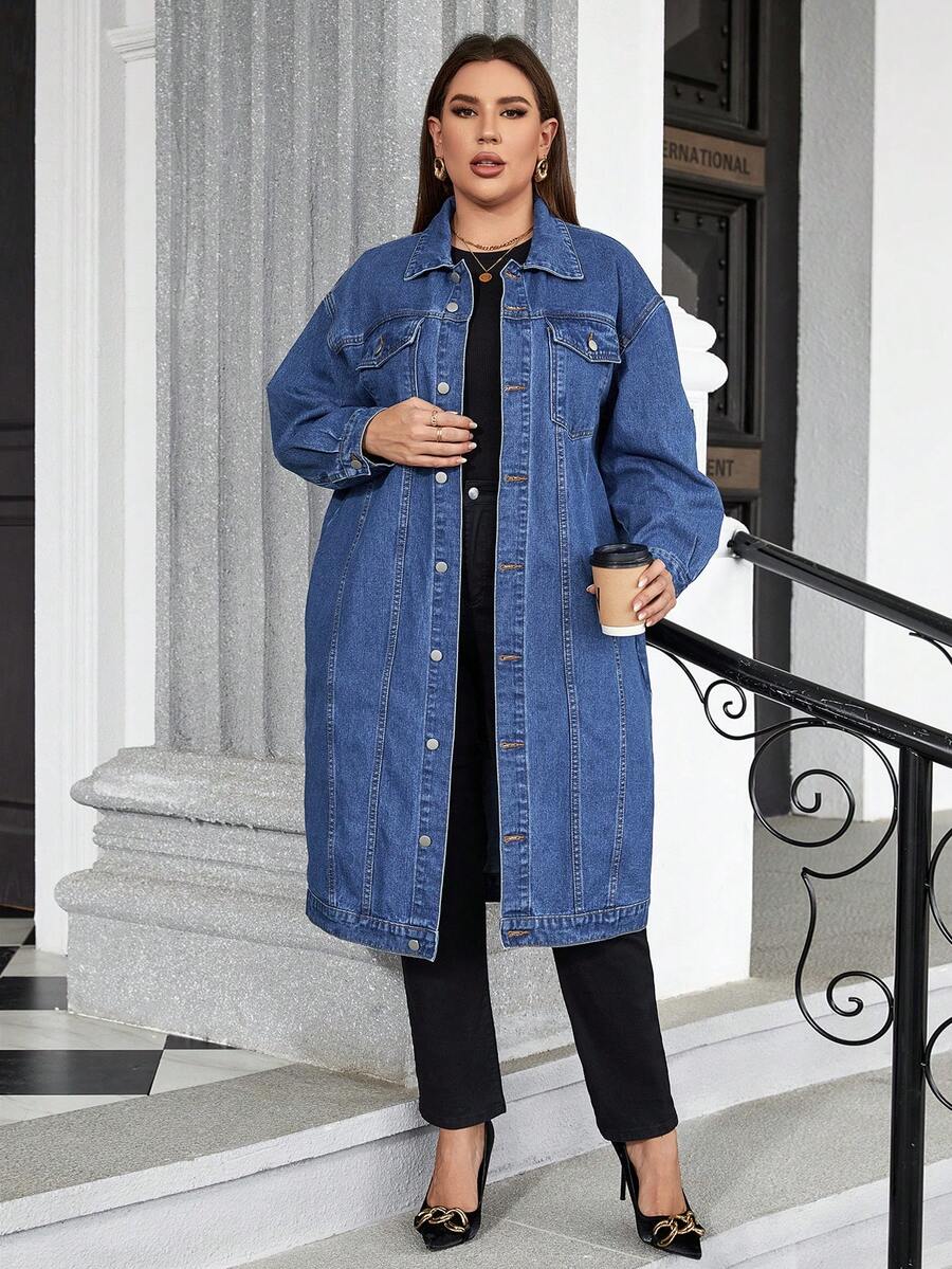 SHEIN Essnce Plus Flap Pocket Drop Shoulder Denim Coat - Medium Wash - View 1