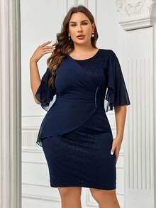 CurvySweet Plus Contrast Mesh Butterfly Sleeve Ruched Bodycon Dress - Navy Blue - View 6