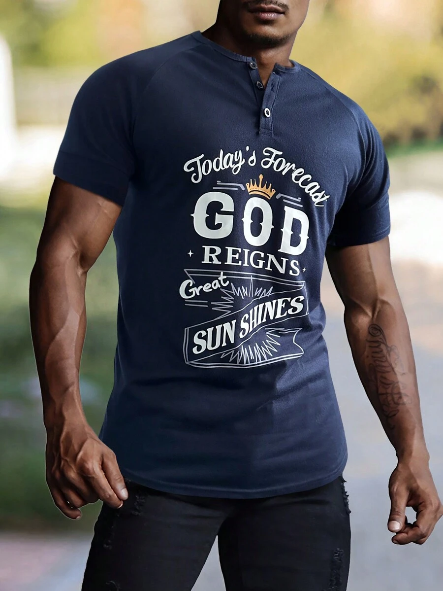 Manfinity Homme Men Letter Graphic Half Button Tee - Navy Blue - View 1