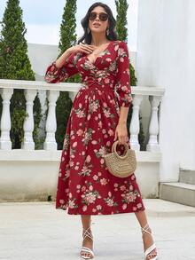 Eilly Bazar Floral Print Ruched Surplice Neck Dress - Multicolor - View 3