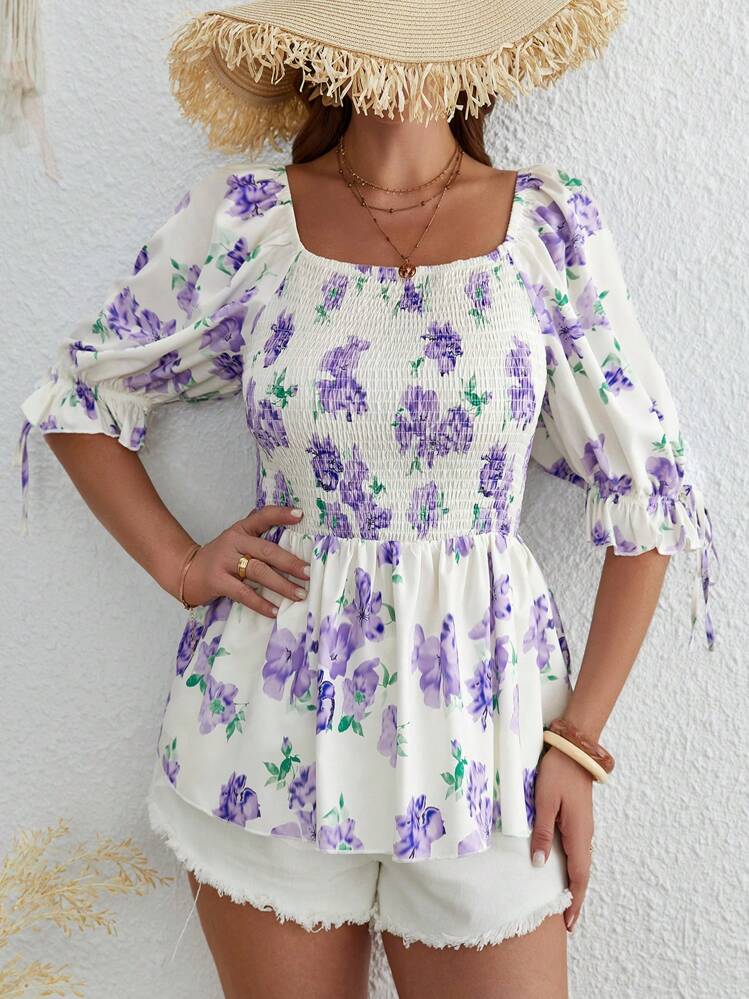 SHEIN VCAY Plus Floral Print Square Neck Knot Cuff Peplum Blouse - Multicolor - View 1