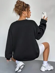 SHEIN EZwear Letter & Guitar Print Drop Shoulder Oversize Sweatshirt - Black - View 2