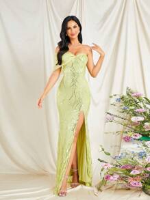 Missord One Shoulder Split Thigh Sequin Party Dress - Mint Green - View 1