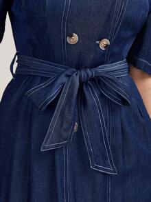 Mulvari Puff Sleeve Double Breasted Belted Dress - Navy Blue - View 5