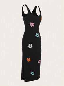 Soleia 花卉圖案高衩毛衣洋裝 - 黑色 - 查看 3