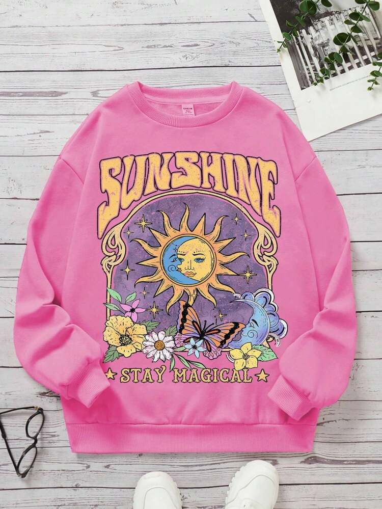 Teen Girl Sun & Letter Graphic Drop Shoulder Pullover