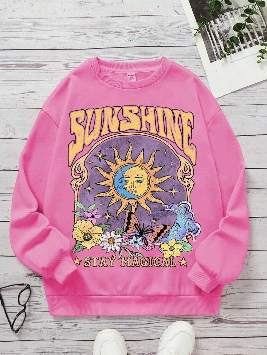 SHEIN 青少年女孩太陽&字母圖案落肩袖套頭衫 - 玫紅色 - 查看 1