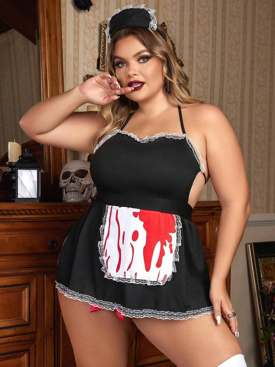 Plus Halloween Contrast Lace Halter Dress With Thong & Hairhoop - Black and White - View 1