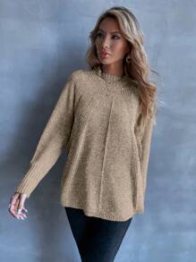 SHEIN LUNE 插肩袖开衩下摆针织套头衫秋冬毛衣 - 卡其色 - 查看 3