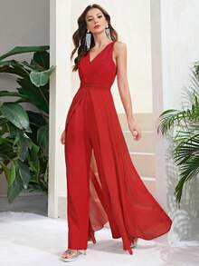 Double Crazy Contrast Lace Chiffon Maxi Overlay Jumpsuit Formal Dresses For Women - Red - View 3