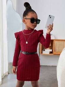 Young Girl Ruffle Trim Mock Neck Cable Knit Dress Without Belt - Burgundy - View 1